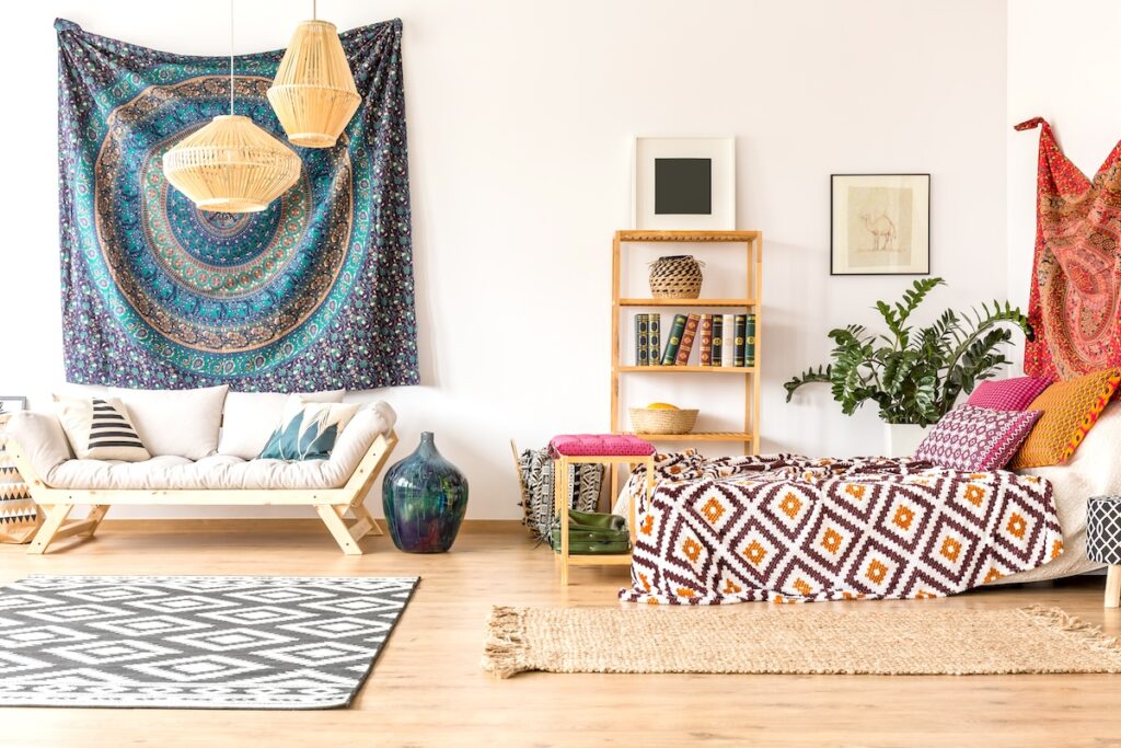 Boho Fabric as Wall Art: Indian cloth with mandala patterns in ethnic apartment.