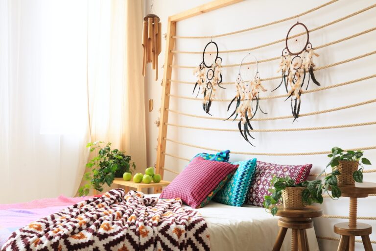 DIY Dream Catchers in colorful budget boho bedroom.