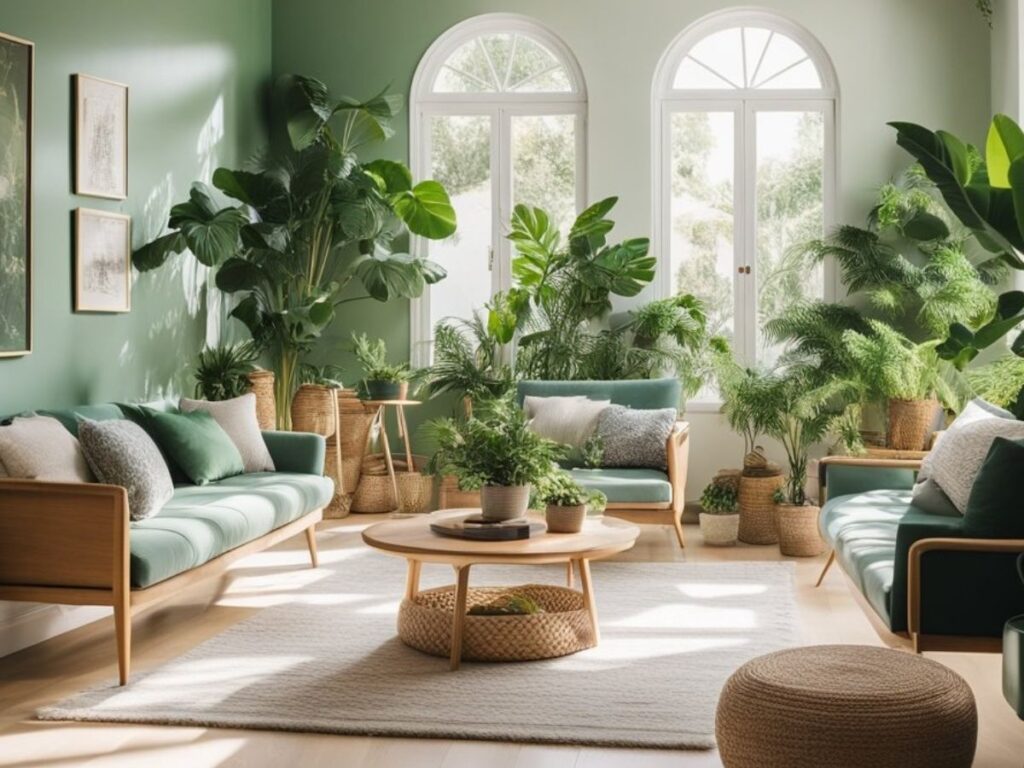 Tropical green Boho living room.
