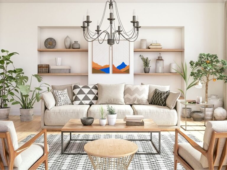 Monochrome with a twist Boho living room.