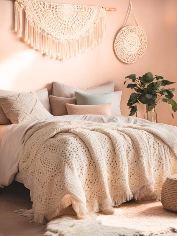 Pastel boho bedroom design.